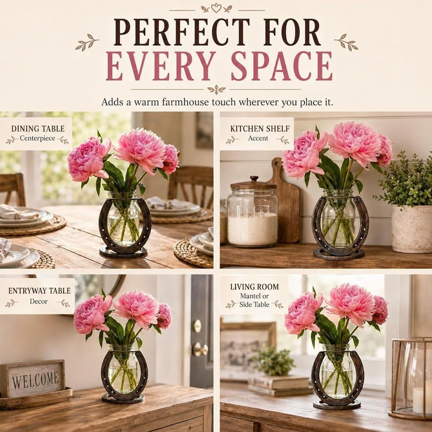 Hand-Welded Steel Horseshoe Mason Jar Vase Holder, Rustic Western Farmhouse Decor