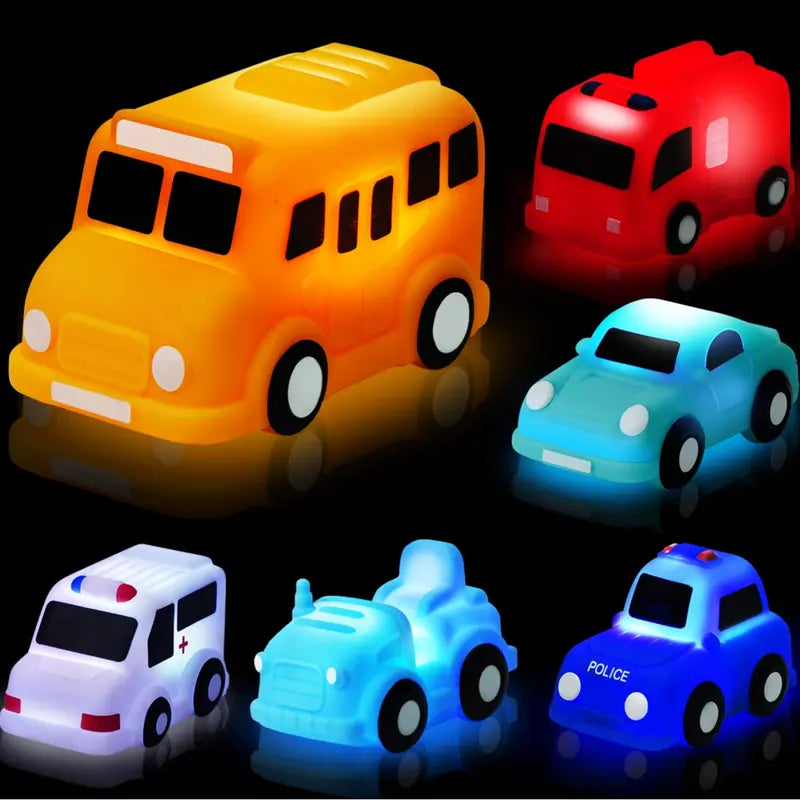 6PCS Bath Cars,Traffic Vehicles and Construction Vehicles, Light Up Bath Toy for Toddler