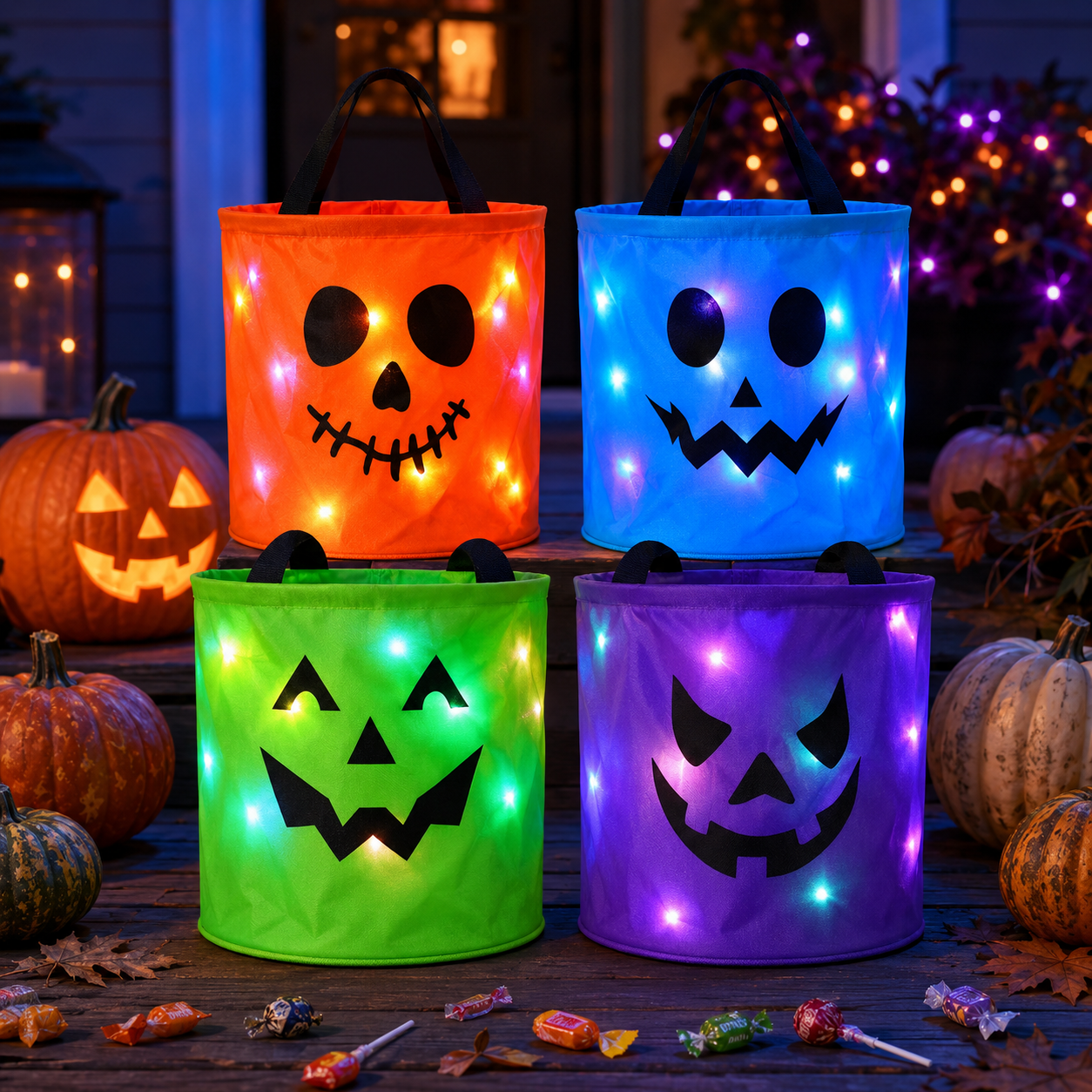 🎃4PCS Light-Up Halloween Trick-or-Treat Bags – Reusable LED Candy Buckets