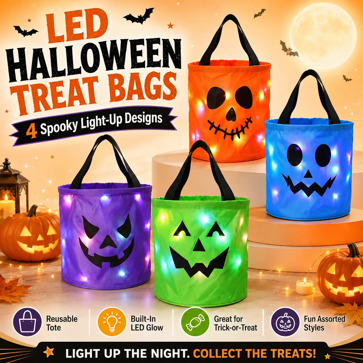 🎃4PCS Light-Up Halloween Trick-or-Treat Bags – Reusable LED Candy Buckets