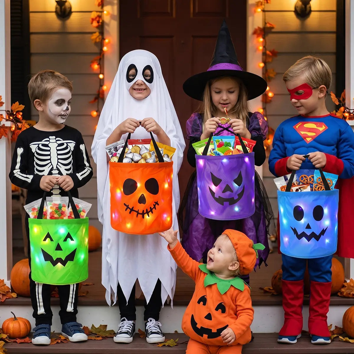 🎃4PCS Light-Up Halloween Trick-or-Treat Bags – Reusable LED Candy Buckets