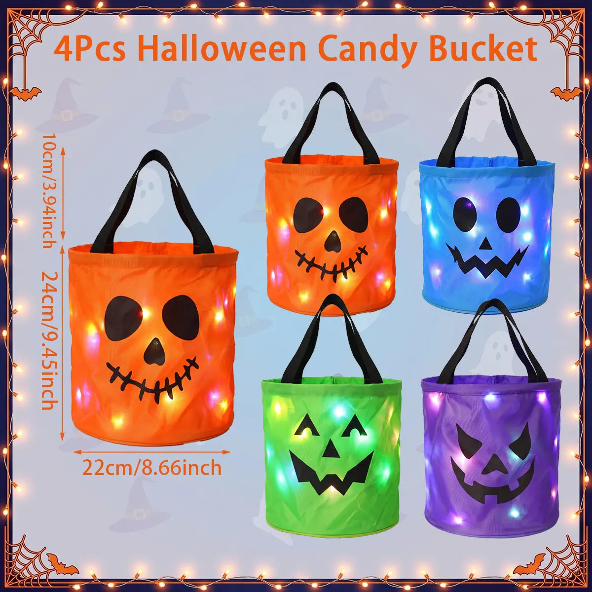 🎃4PCS Light-Up Halloween Trick-or-Treat Bags – Reusable LED Candy Buckets