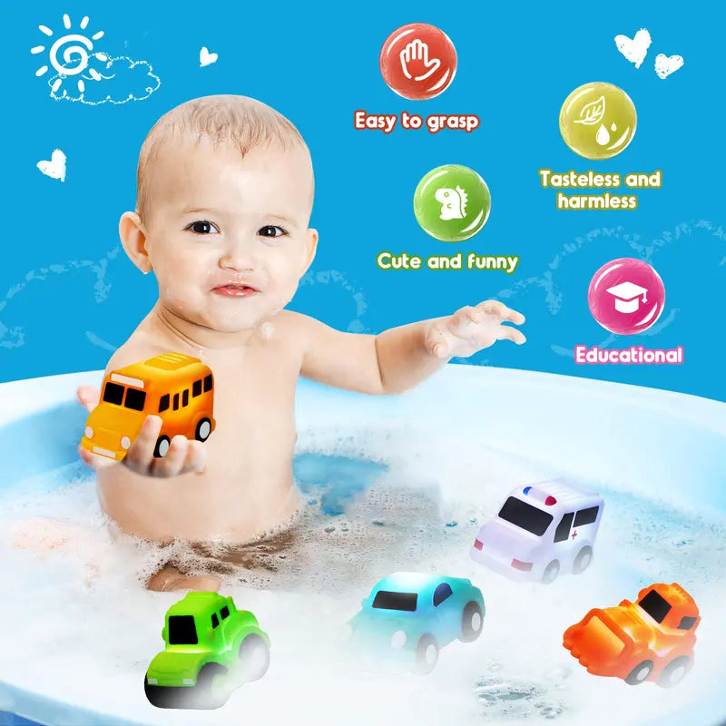 6PCS Bath Cars,Traffic Vehicles and Construction Vehicles, Light Up Bath Toy for Toddler