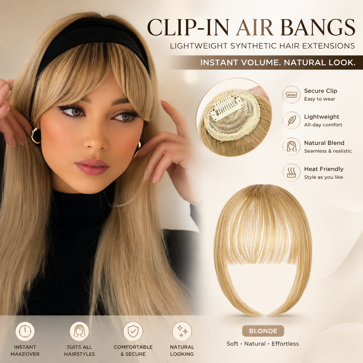 Clip-in Air Bangs - Lightweight Synthetic Hair Extensions