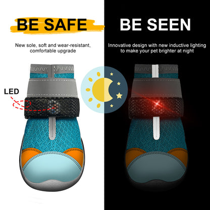 Dog Shoes LED Motion Activated Light Up Puppy Boots Non Slip Rubber Paw Protective Shoes Breathable Mesh Four
