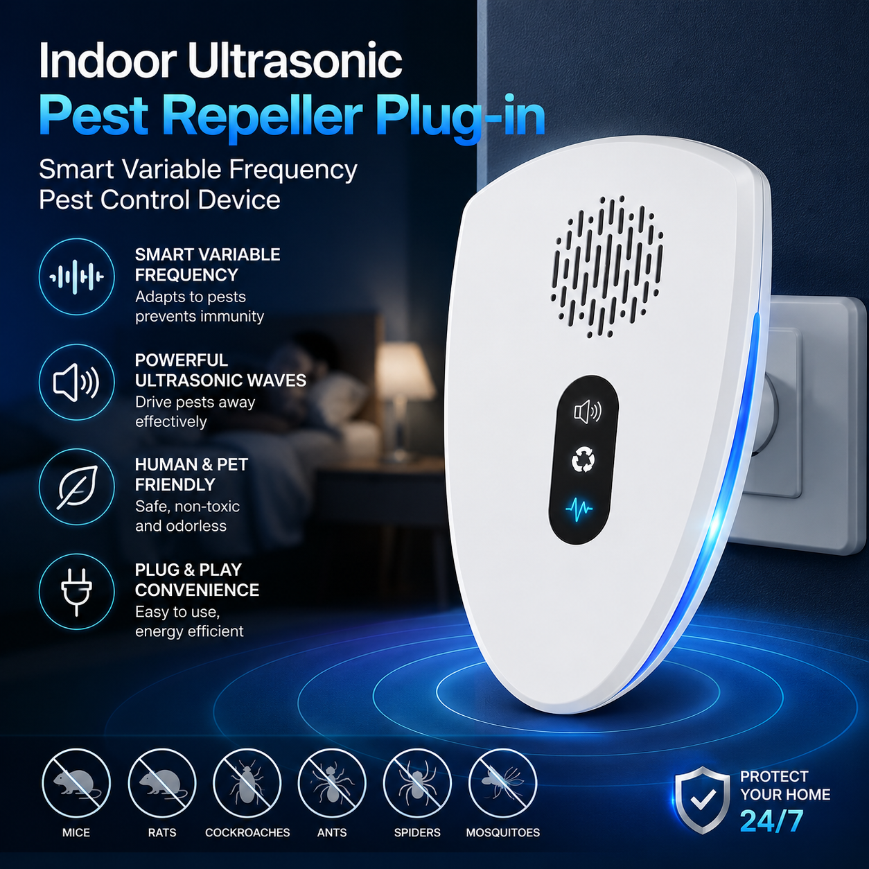 Indoor Ultrasonic Pest Repeller Plug-in – Smart Variable Frequency Pest Control Device