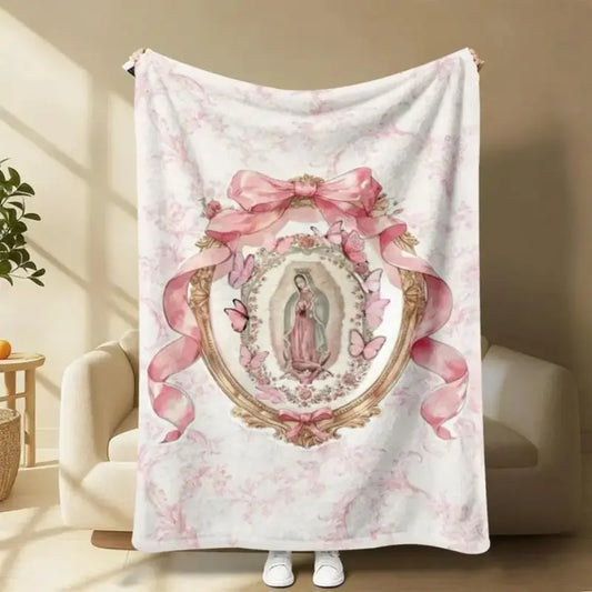 Virgin Mary Our Lady of Guadalupe Pink Bow Frame Flannel Blanket
