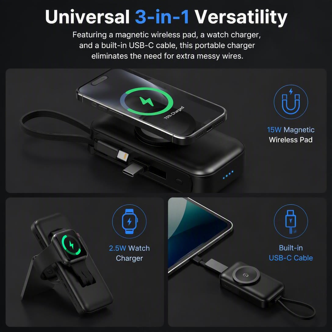 ⚡3-in-1 foldable rechargeable portable power bank