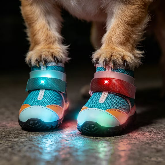 Dog Shoes LED Motion Activated Light Up Puppy Boots Non Slip Rubber Paw Protective Shoes Breathable Mesh Four