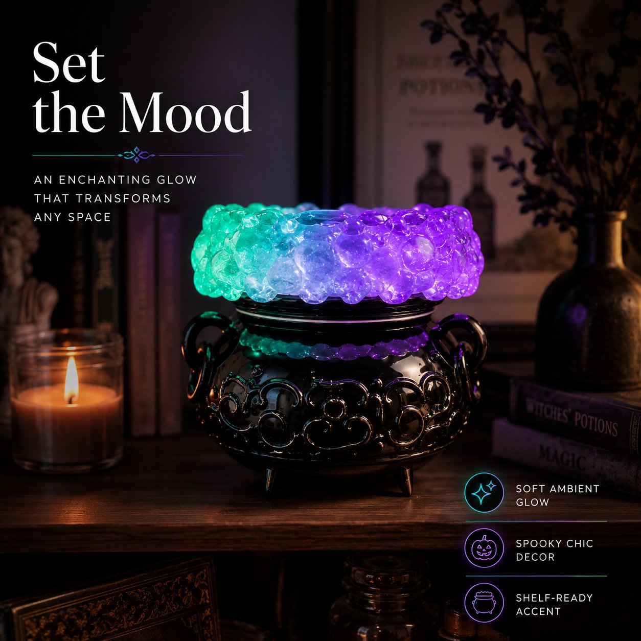 Halloween Cauldron LED Bubble Light Decor, Witch Potion Black Cauldron Lamp with Color Changing Glow, Spooky Gothic Tabletop Mood Light for Halloween Party Home Shelf Decor