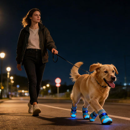Dog Shoes LED Motion Activated Light Up Puppy Boots Non Slip Rubber Paw Protective Shoes Breathable Mesh Four