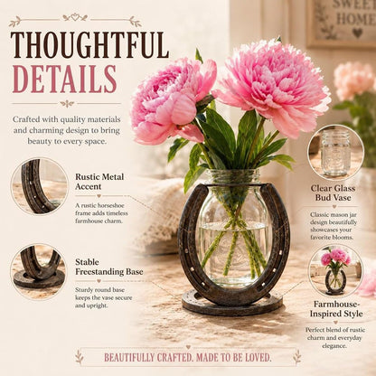 Hand-Welded Steel Horseshoe Mason Jar Vase Holder, Rustic Western Farmhouse Decor