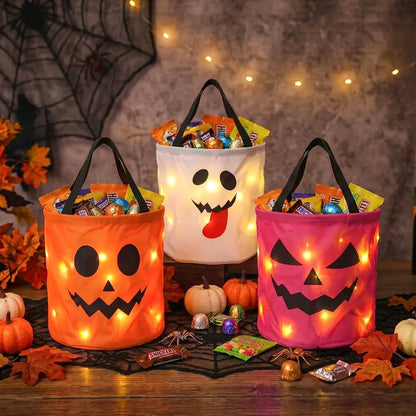 🎃 Halloween Candy Bucket with LED Lights Non Woven Gift Bags Trick or Treat Bags Pumpkin Candy Bags Reusable Tote Bags 👻