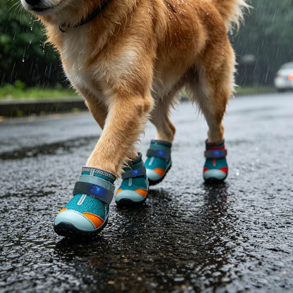 Dog Shoes LED Motion Activated Light Up Puppy Boots Non Slip Rubber Paw Protective Shoes Breathable Mesh Four