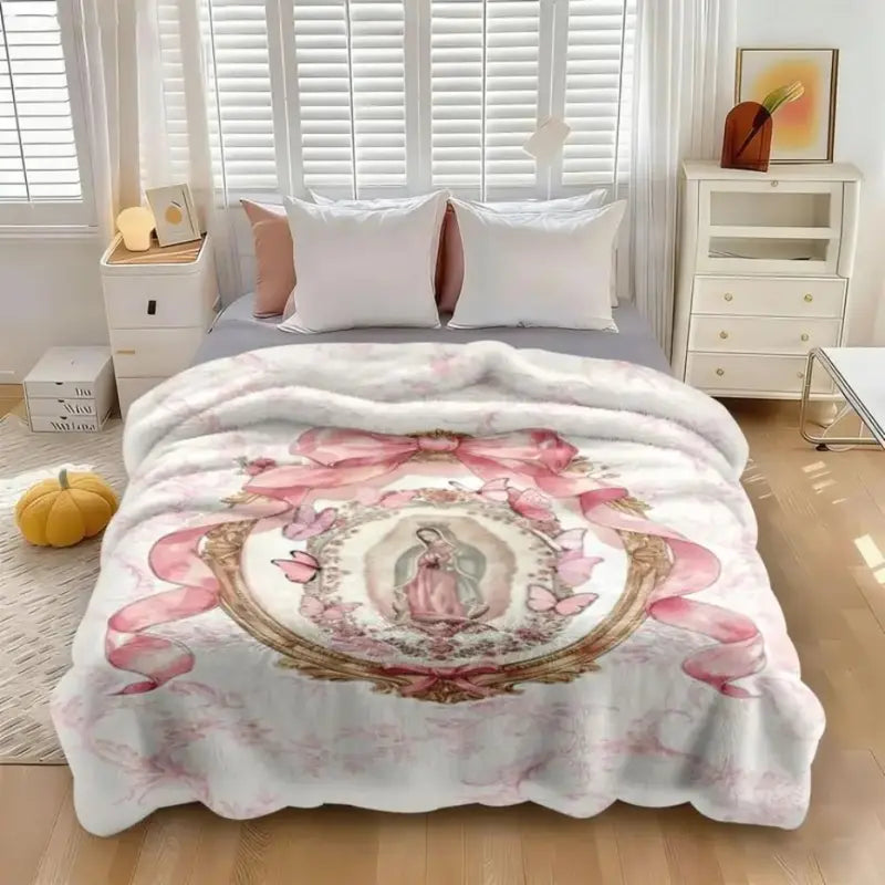 Virgin Mary Our Lady of Guadalupe Pink Bow Frame Flannel Blanket Soft Funny Throw Blanket Cozy Lightweight Plush Portable Cover Blanket For Sofa,Warm Gift For Birthday,Christmas,Multiple Blanket