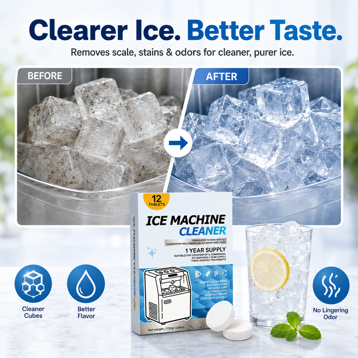 Ice Machine Cleaner Tablets – 12 Pack, Descaler & Deodorizer, Stainless Steel Safe