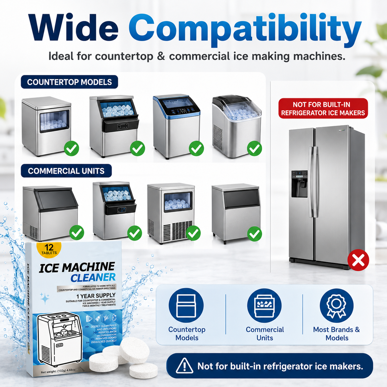 Ice Machine Cleaner Tablets – 12 Pack, Descaler & Deodorizer, Stainless Steel Safe