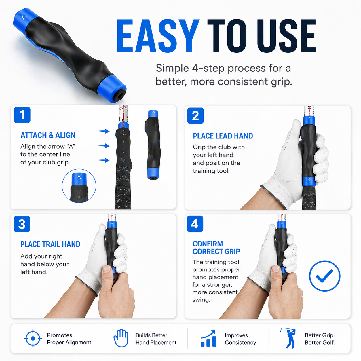 ⛳ Golf Grip Trainer - Golf Swing Aid Club Attachment for Correct Hand Placement