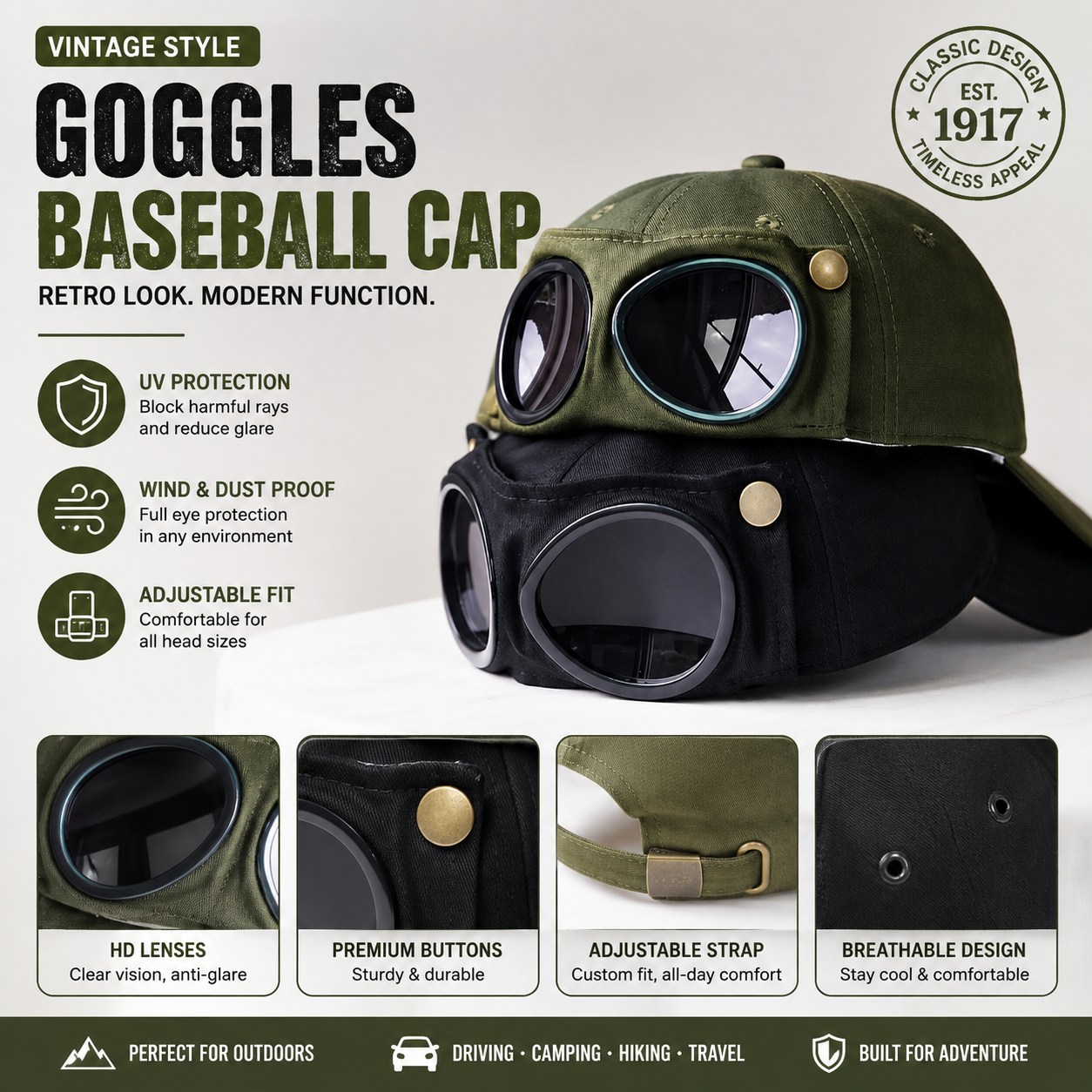 Aviator Hat with Goggles Baseball Cap