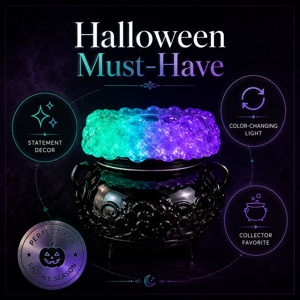Halloween Cauldron LED Bubble Light Decor, Witch Potion Black Cauldron Lamp with Color Changing Glow, Spooky Gothic Tabletop Mood Light for Halloween Party Home Shelf Decor