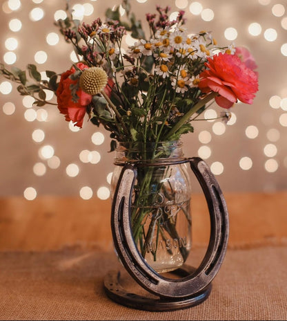 Hand-Welded Steel Horseshoe Mason Jar Vase Holder, Rustic Western Farmhouse Decor